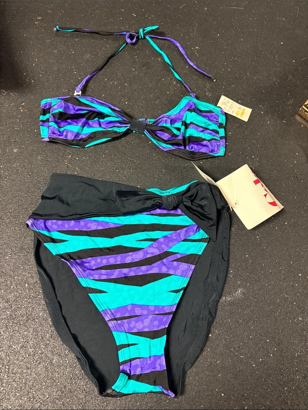 90s Cole If California Striped Halter/Bandeau Bikini Set in Teal and Purple